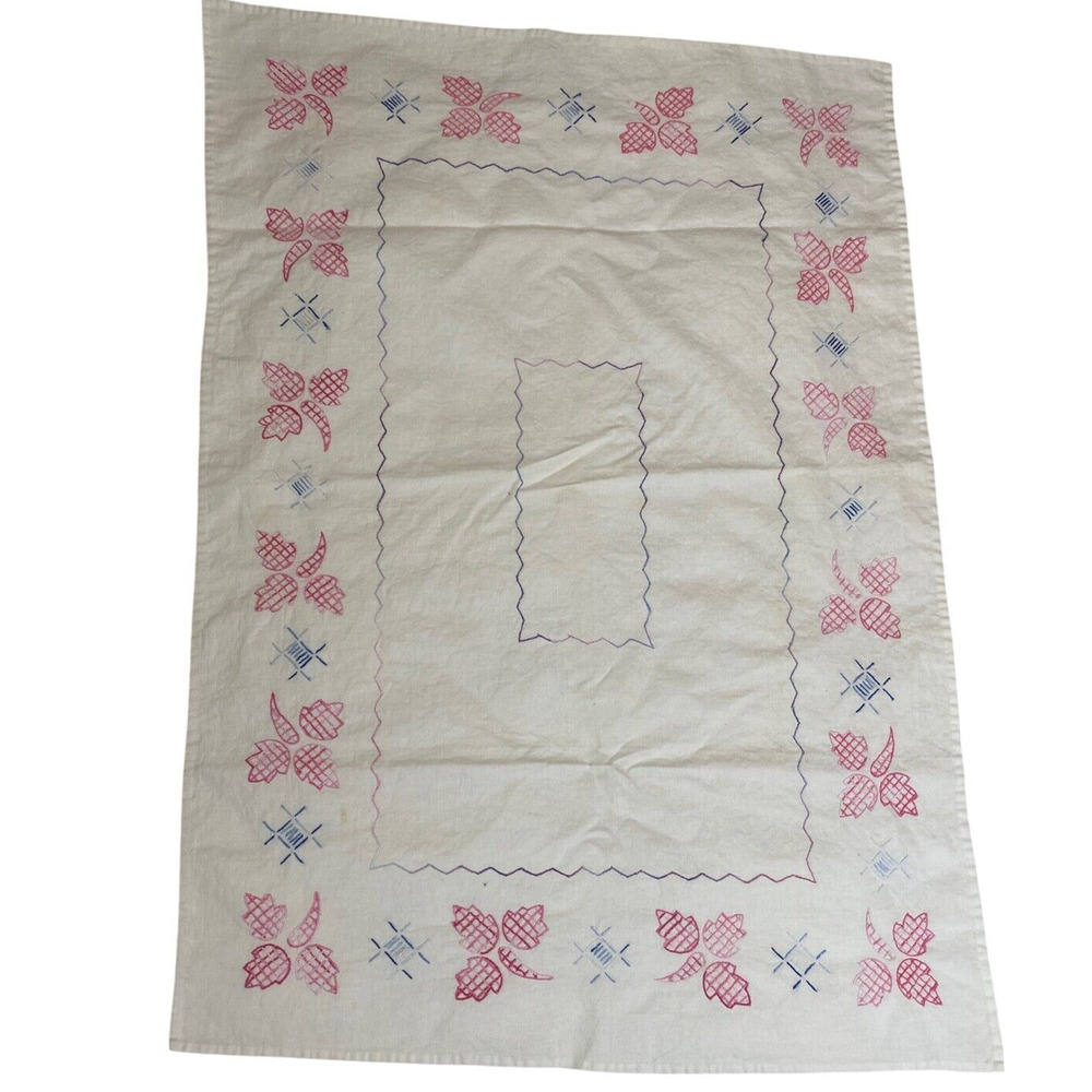Vintage Embroidered Linen Tablecloth Pink And Blue Cottage Leaves 32” X 23”